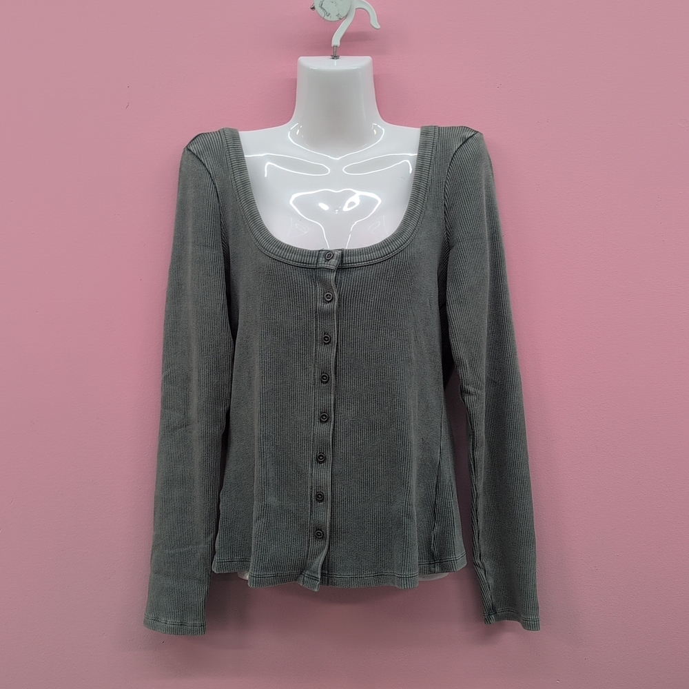 Victoria's Secret Vintage Ribbed Button Down Long Sleeve Tee Large Deep Forest